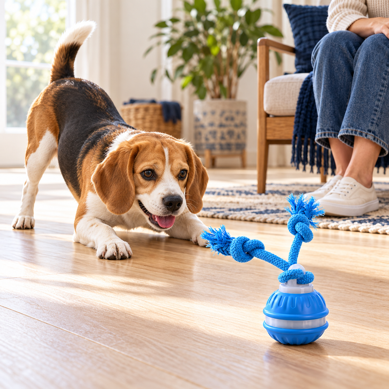A curious dog in a play bow facing the blue WiggleChase, with its owner nearby.