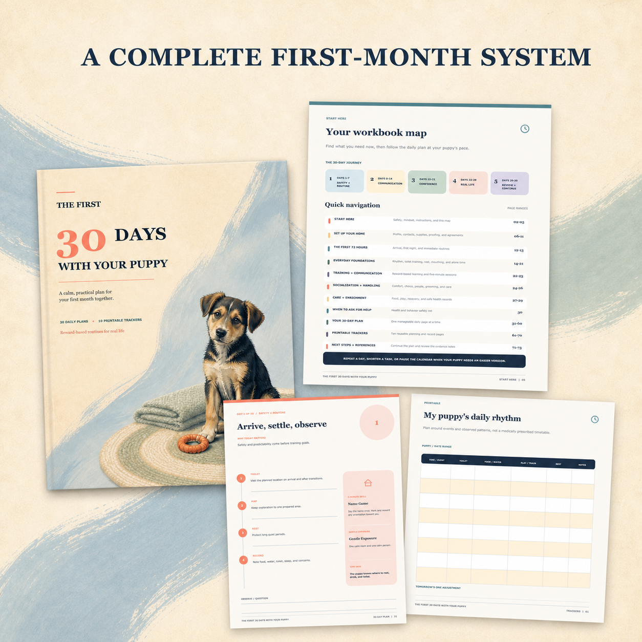 Workbook cover, daily plan and printable tracker from The First 30 Days With Your Puppy